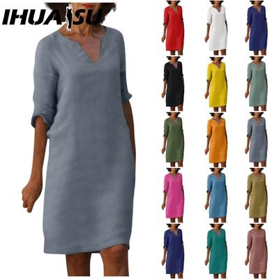 Women Summer Solid Color Cotton Linen Retro V-Neck Short Sleeve Dress Lightweight Breathable Dress