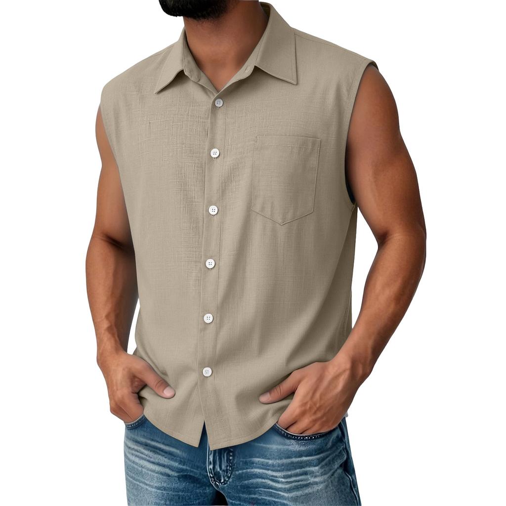 Men Sleeveless Button Down Shirt Casual Classic Fit Summer Lightweight Shirt with Chest Pocket for Daily Wear