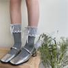 Fashionable Ruffle Mesh Splicing Ankle Socks with Bows Detail Breathable Elegant Solid Color Middle Tube Socks for Women