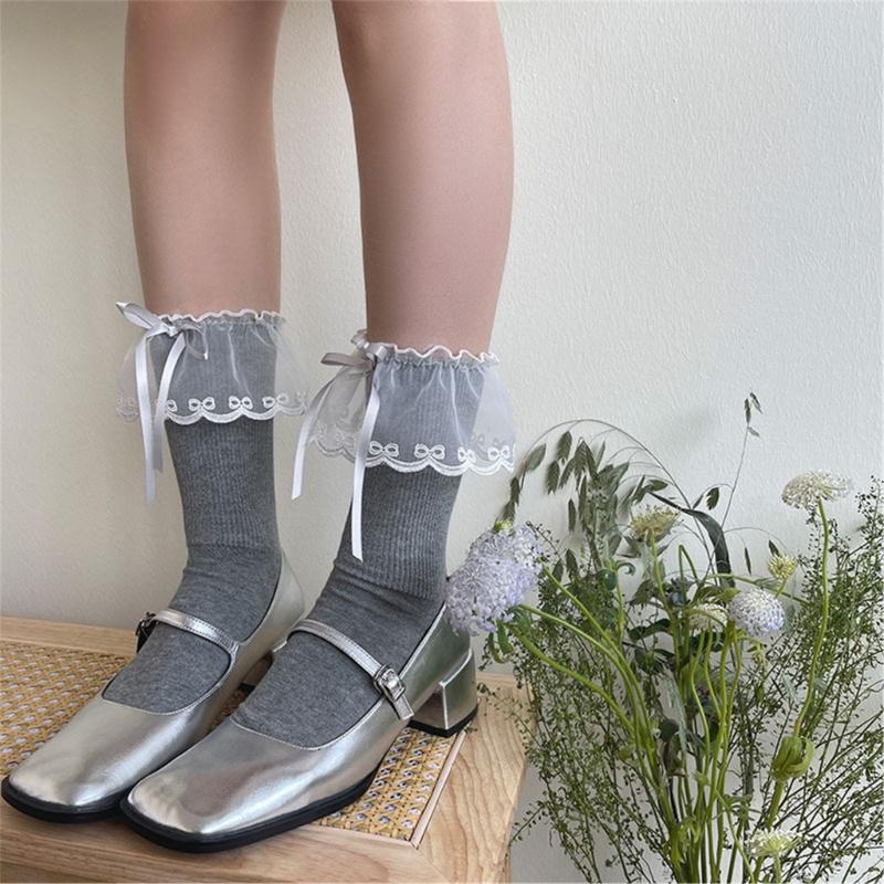Fashionable Ruffle Mesh Splicing Ankle Socks with Bows Detail Breathable Elegant Solid Color Middle Tube Socks for Women
