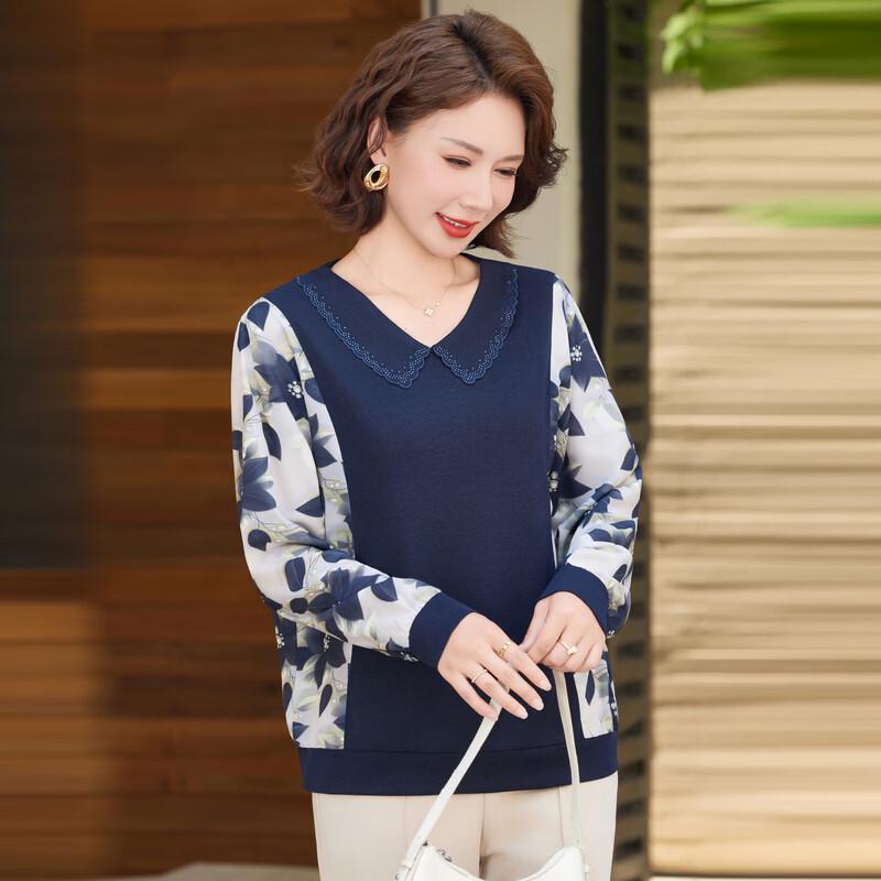 Elegant Floral Long-Sleeve Top for Middle-Aged Women