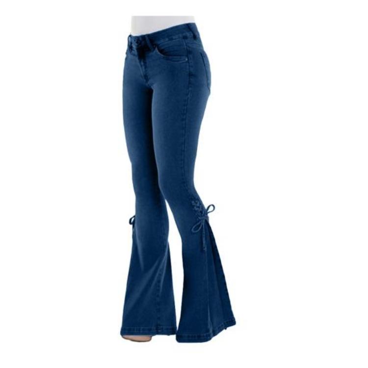 

Vintage Flare Jeans Plus Size Women Lace Up Bow Skinny Wide Leg Denim Pants S темно-синий
