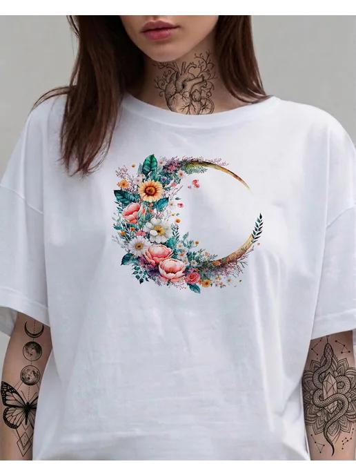 “Flowers on the Moon” T-shirt. Summer print 4XL