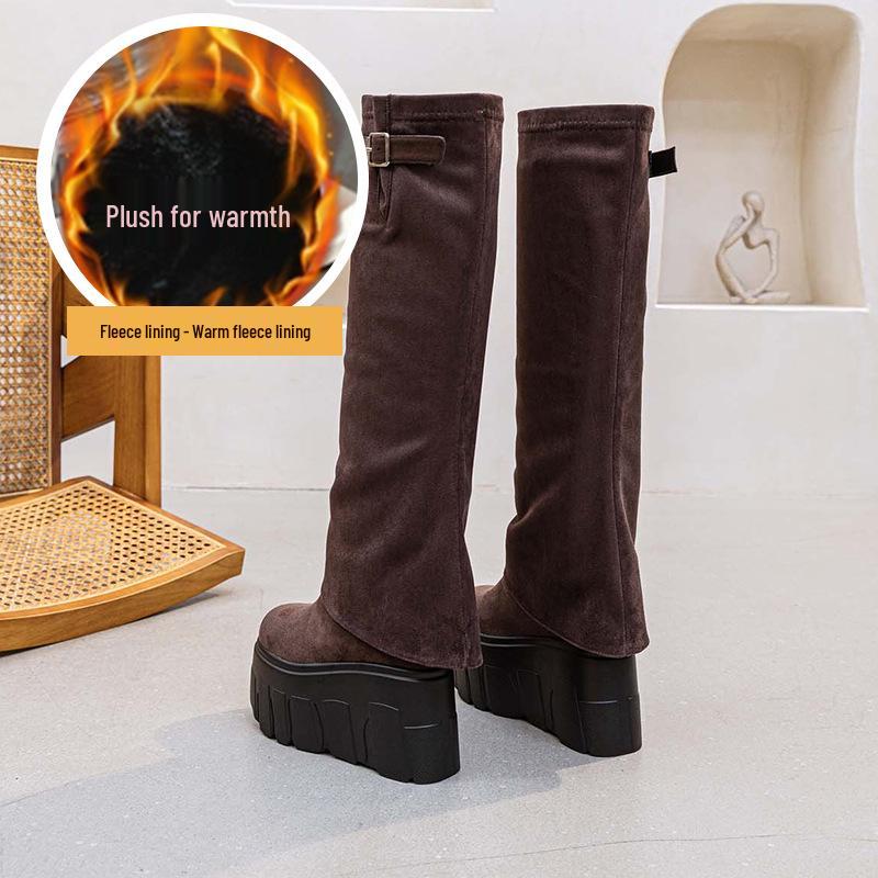 Botas Femininas de Cano Alto com Sola Grossa de 14cm - Outono/Inverno 2025 Plissado Irregular Cor Sólida