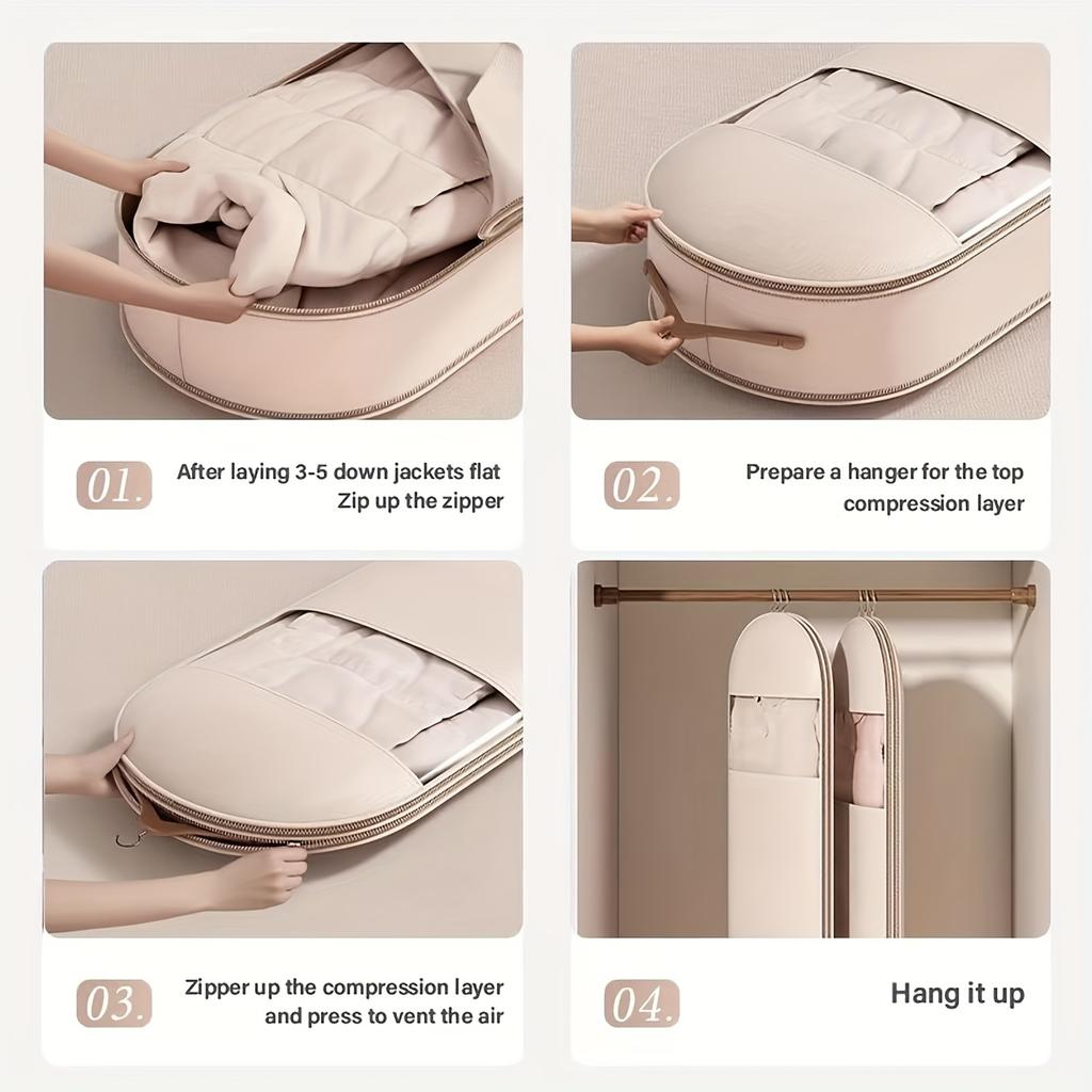Cost-Effective Beige Compression Hanging Bag, 40% Space-Saving Vacuum Seal, See-Through Luxury Storage with Durable Zipper