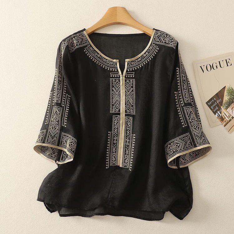 Elegant Chiffon Top: Popular Chinese Style Mid-Aged Women's Five-Point Sleeve Printed T-Shirt