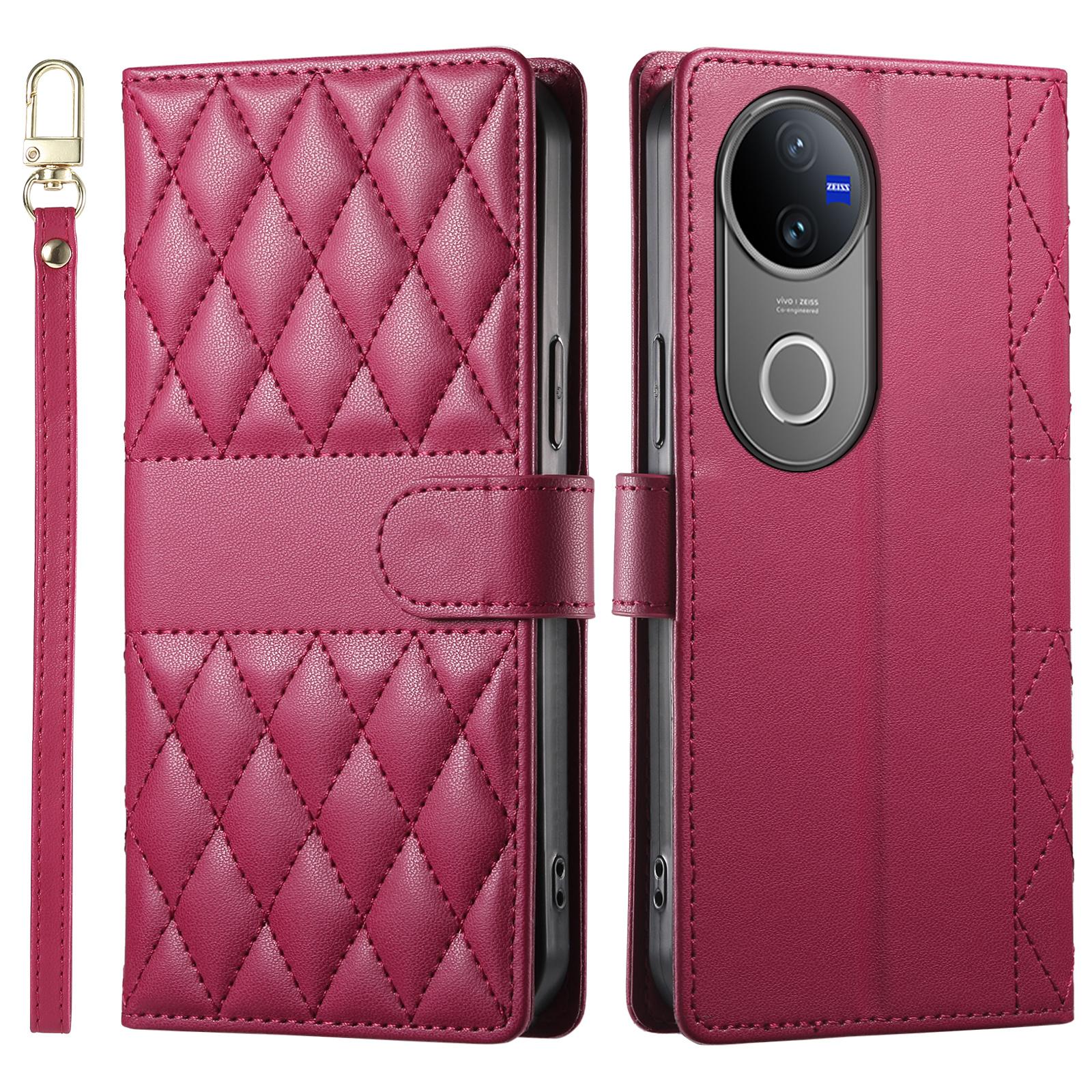 

For vivo V50 5G Case Rhombus Stitching Wallet Stand Leather Phone Cover with Long/Short Strap D