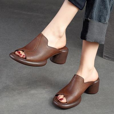 Pantoufles à bout ouvert, couleur unie, Vintage, en cuir véritable, talons hauts, confortables, simples, chaussures pour femmes