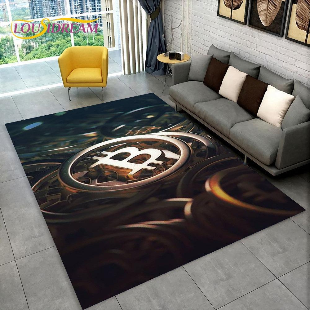 3D Bitcoin Virtual Currency Area Rug Large Carpet Rug for Living Room Bedroom Sofa Playroom Doormat Decor Kid Non-slip Floor Mat