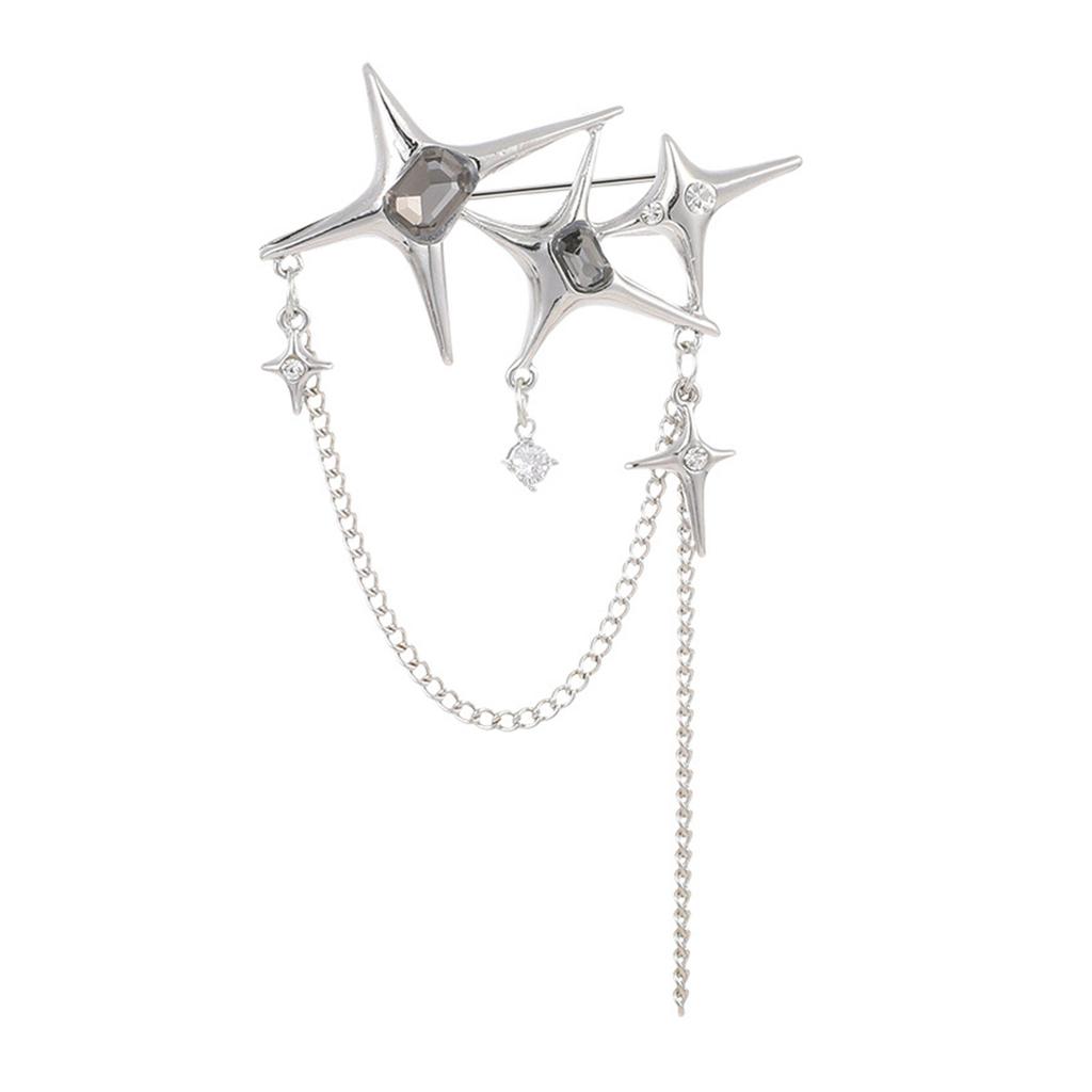 Elegant Four point Star Chain Pin Personality Punk Breastpin Crystal Badge Jewelry Sophisticated Women Suit Dress Brooch
