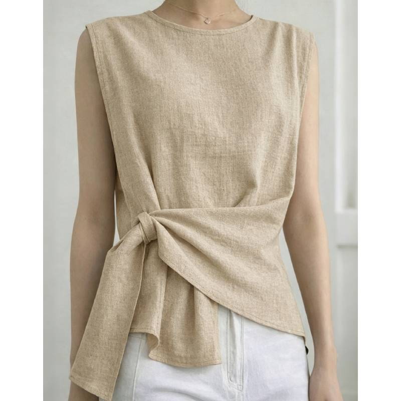 Camicetta senza maniche in poliestere con nodo frontale per moda casual estiva da donna