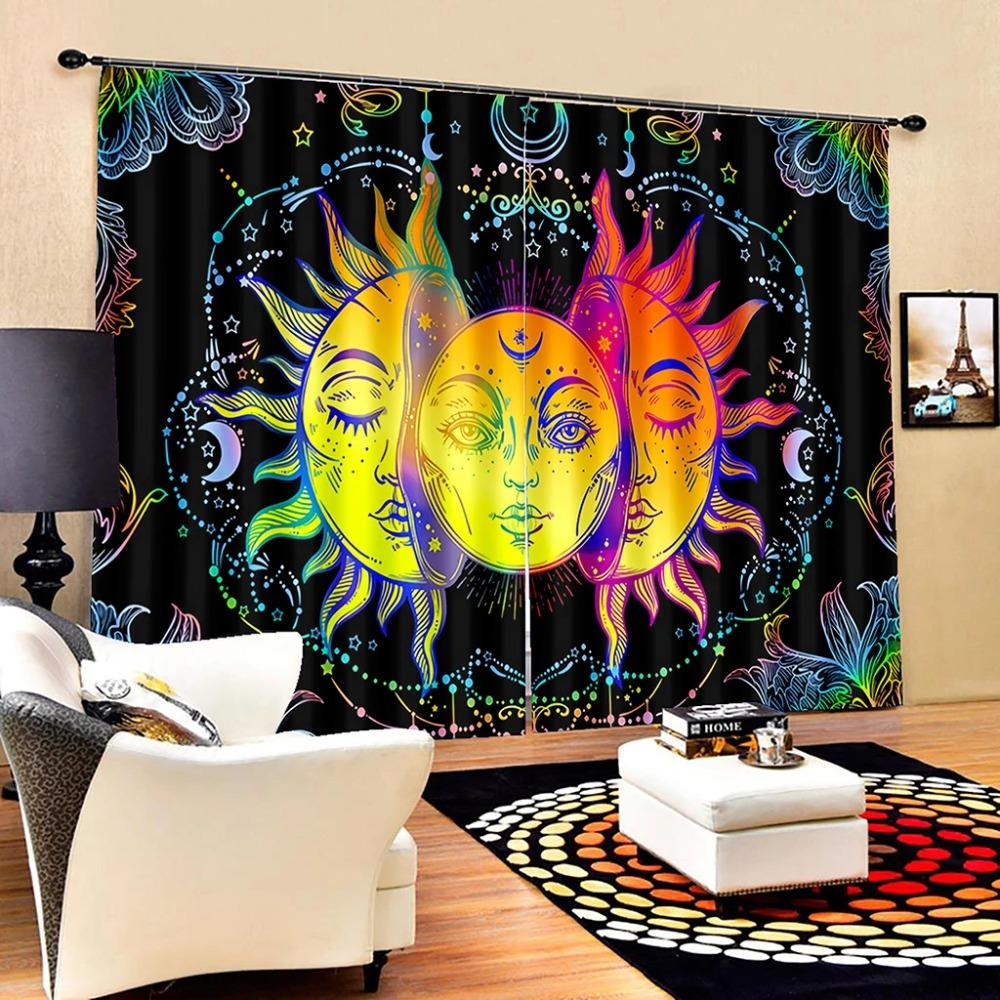 2pc Drapes Ebony Sun Face Printed Drape , Rod Pocket Drapes Ideal for Kitchen Cafe Livingroom Space Household Decoration Windowpane Shadecortinas