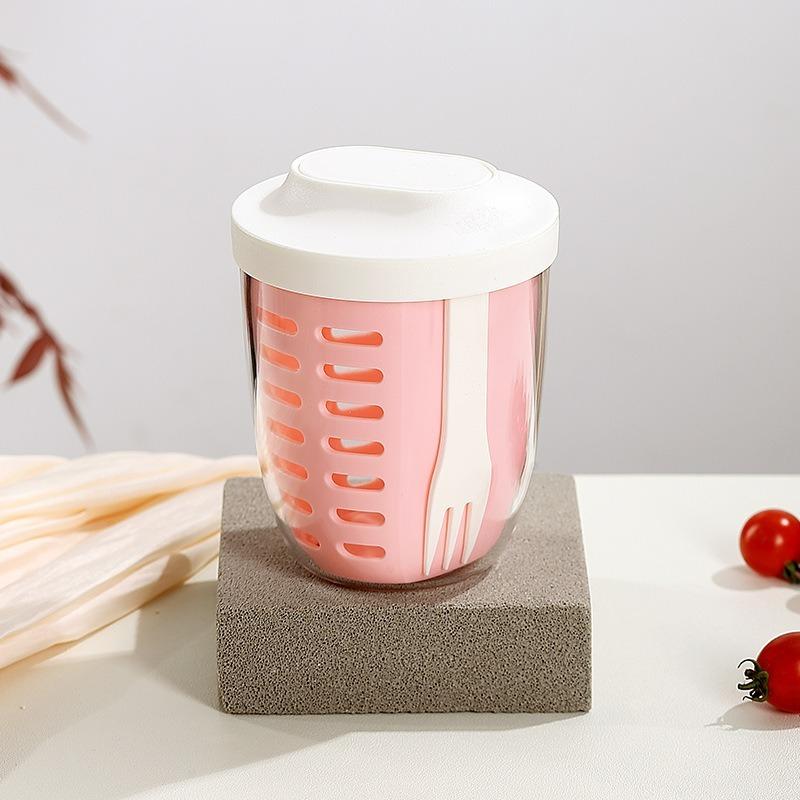1PC Dripable Fruit Cup with Fork Food Grade Student Portable Picnic Storage Bucket Plastic Cup Sealed Leak Proof Salad Cup