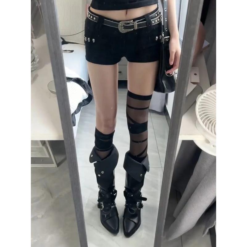 Punk Sle Rivet Pointed Toe Knight Boots Women's Over-Knee Fashion Boots Spring Summer New Vintage Design Small Size