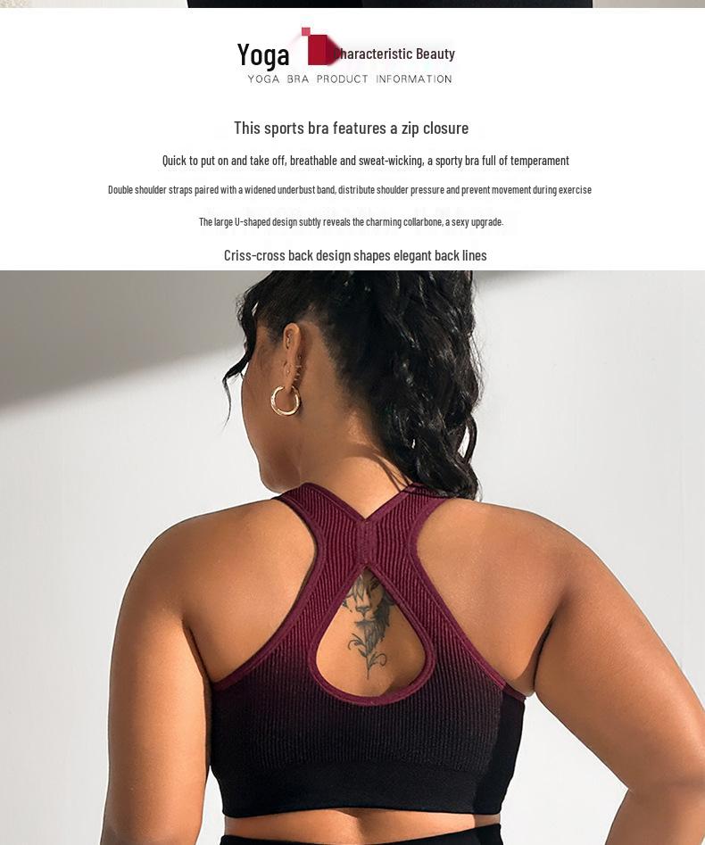 Women's Gradient Sport Shockproof Running Vest Bra with Front Zipper for Fitness & Yoga