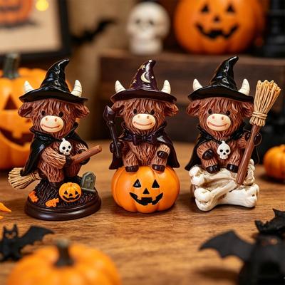 Figurină Vacă Highland Vrăjitoare Halloween Dovleac Craniu Statuie Vacă Ornament Scoțian din Rășină