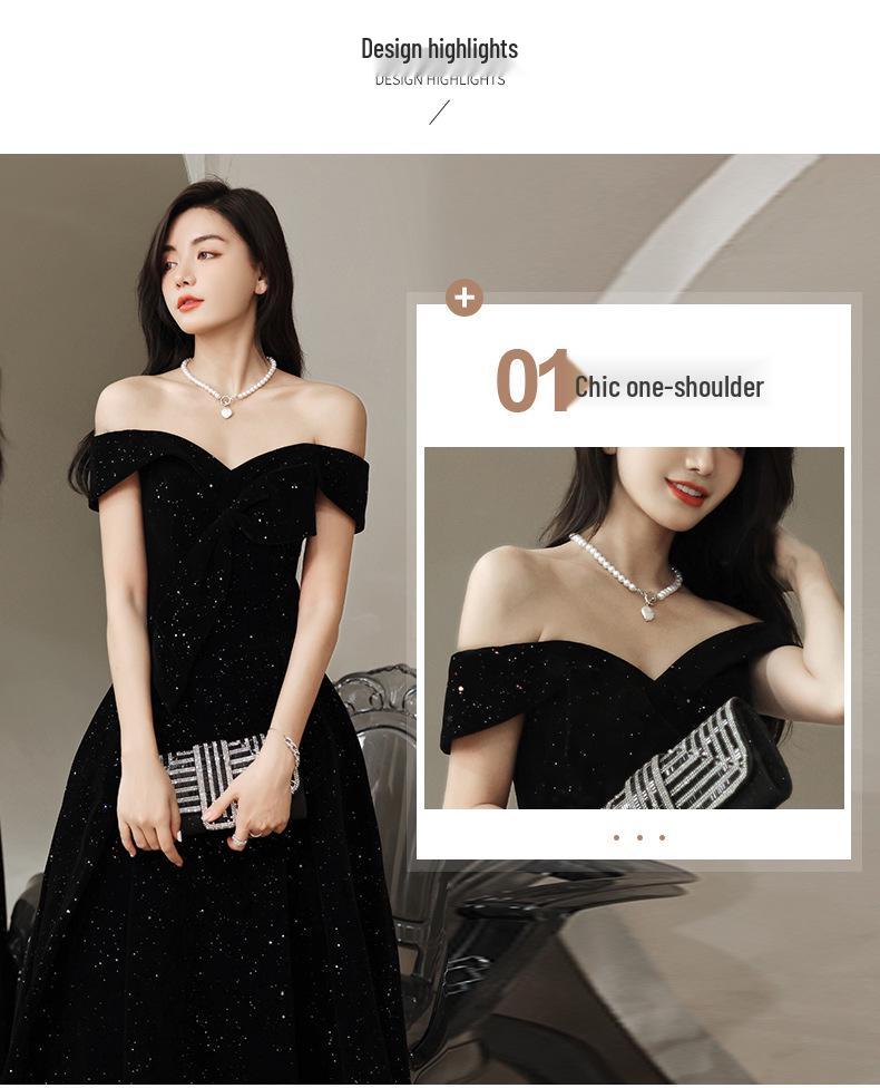 Elegant Black Velvet One-Shoulder Evening Gown - Luxury Slimming Banquet Dress