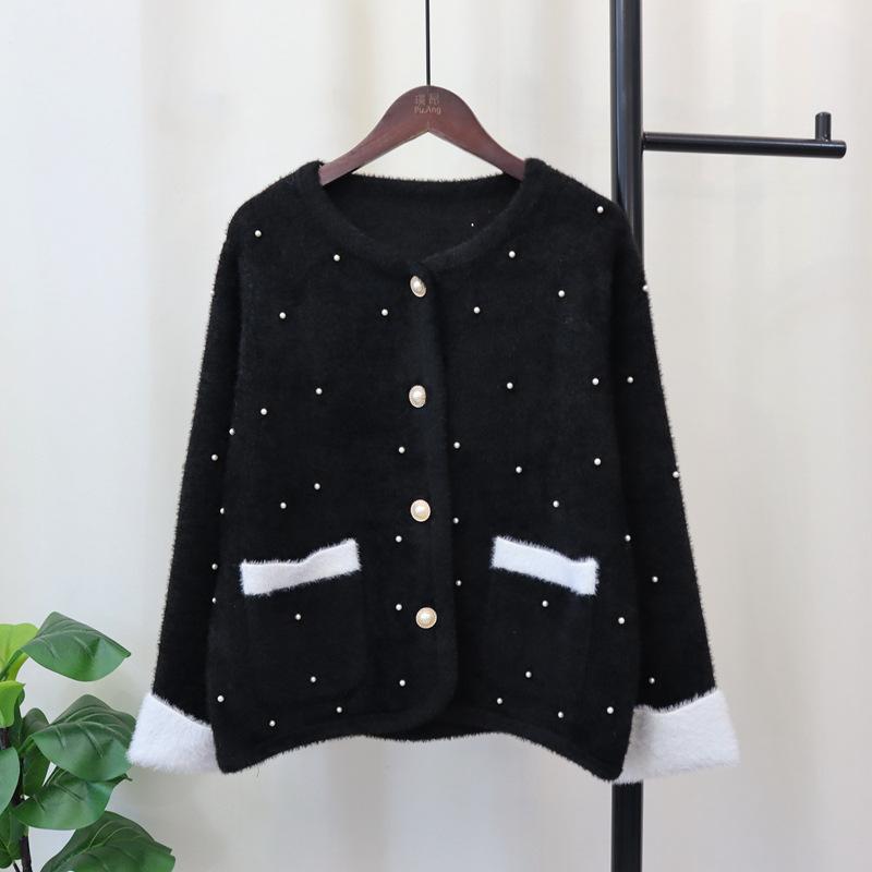 

Бисером имитация норкового флиса свитер куртка осень и зима новый контрастных цветов свободный высококлассный темперамент вязаный кардиган женский average size чёрный