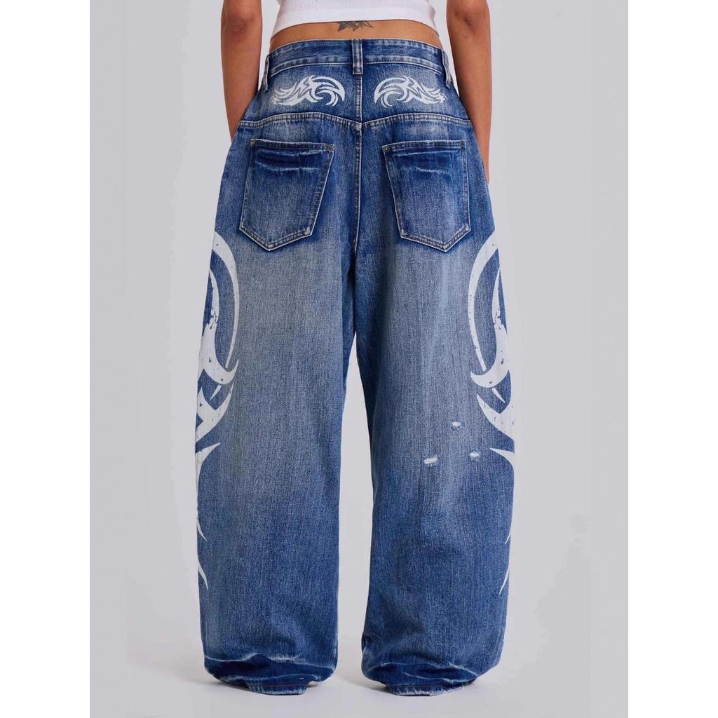 FlowStreet Jeansy z nadrukiem Moda Nowe Harajuku High Street Duży rozmiar Luźne spodnie Codzienne Jeansy z wysokim stanem