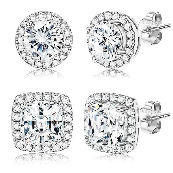 Kolip Round Square Cubic Zirconia Stud Earrings for Women, 18K Silver Plated Halo Stud Earrings