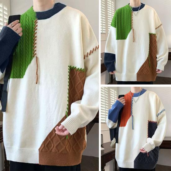 

Зима-осень мужской свитер вязаный толстый теплый свободный мягкий круглый вырез контрастного цвета в стиле пэчворк средней длины с длинным рукавом мужской пуловер свитер XL красный