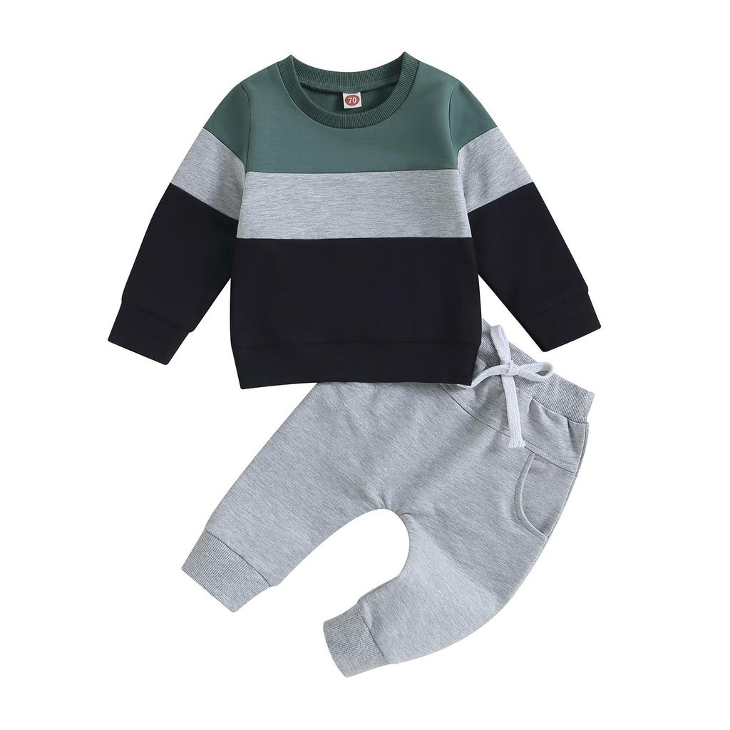 2-teiliges Frühlingsoutfit für Baby-Jungen, 6 Monate, 12 Monate, 18 Monate, 24 Monate, 3 Jahre, kontrastfarbenes Langarm-Sweatshirt und elastische Hose für Kleinkinder-Herbstkleidung