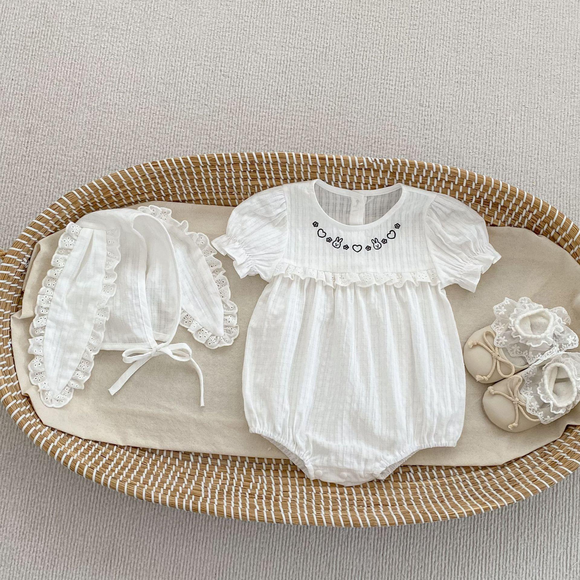 Baby Girl Summer Short Sleeve Romper with Cute Bunny Embroidery and Matching Hat 66