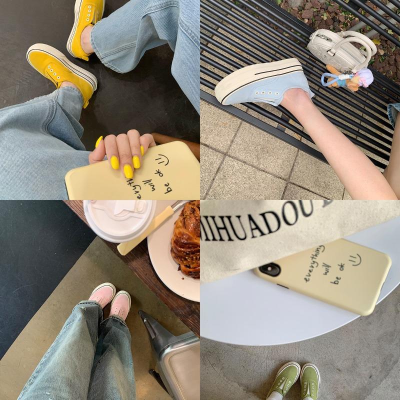 Advanced Sense~ Height Increase 7cm Lazy Without Shoelaces Round Head Thick Sole One Pedal Casual Board Shoes Women's Canvas Shoes