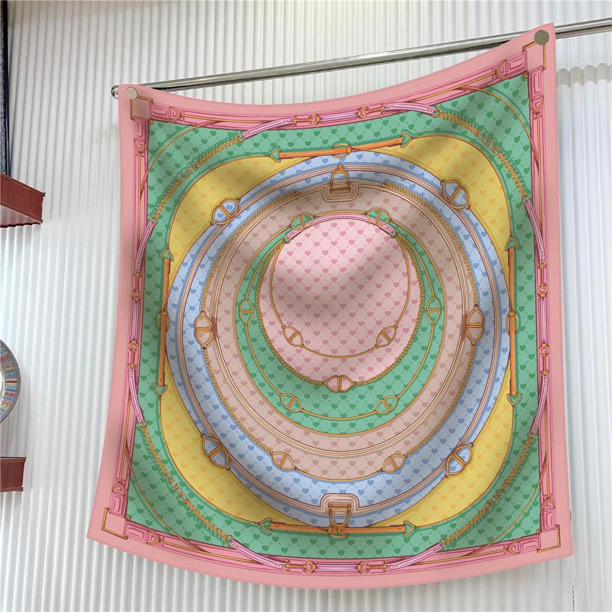 

90Cm French Love Circle Belt Chain High Quality Twill Silk Shawl Sunscreen Large Square Scarf Decorative Scarf 90cm