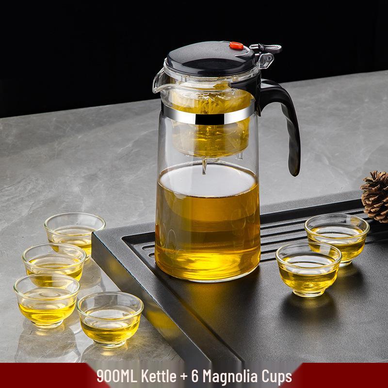 Elegant Heat-Resistant Glass Tea Infuser Pot with One-Button Filtering - Customizable with Logo Option.