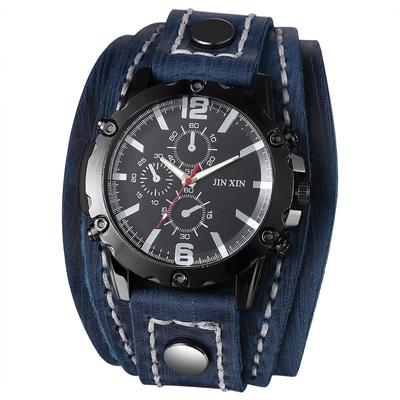 Pulseira Rock Punk Tira de Couro Couro Genuíno Larga Estilosa Quartzo Acessório de Moda Presente Perfeito para e Halloween Relógio Masculino Analógico, À Prova d'Água,