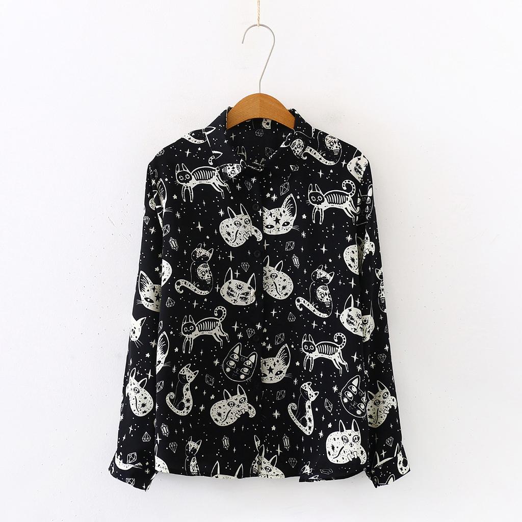 Danmo Women Shirt Cat Pattern Printed Personality Tops and Blouses Fashion Office Lady Long Sleeve Clothes