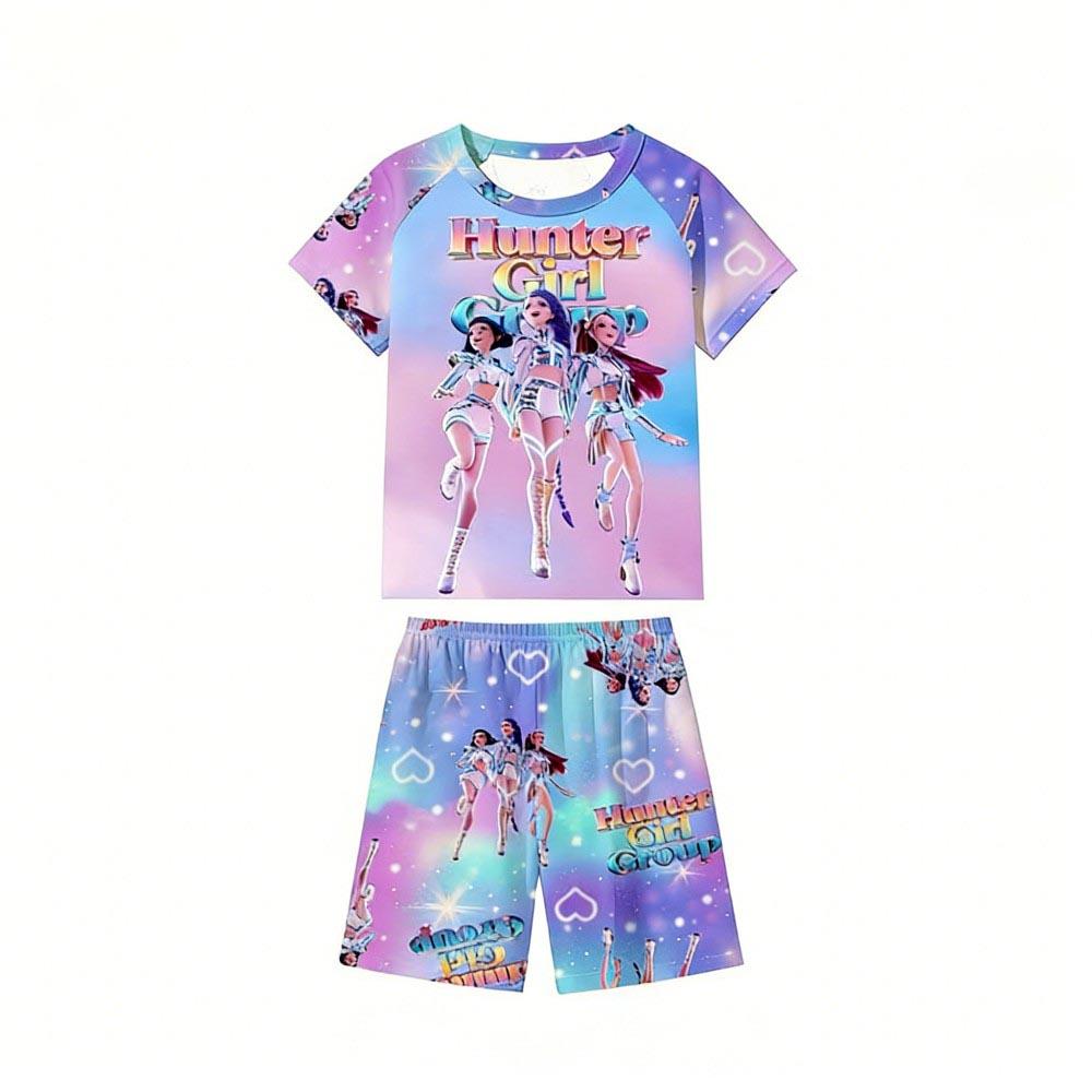 Zomer Kinder Pyjamaset Kpop Demon Hunters Bedrukt Kinder O-hals Korte Mouw Tops Shorts 2 Stuks Zomer Meisjes Casual T-shirt Sets