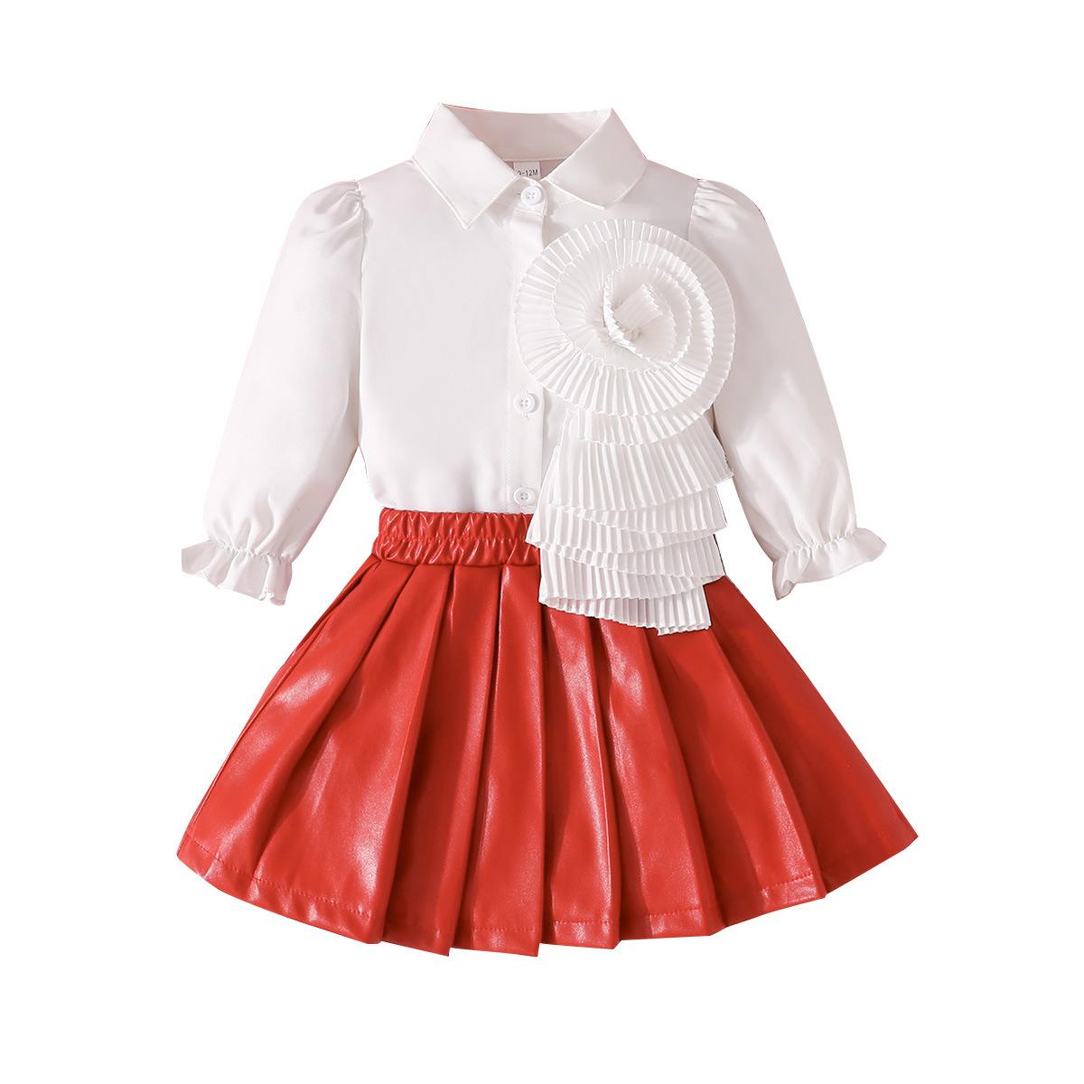 

Autumn New Product Girls Long Sleeve Shirt with Flower + PU Leather Short Skirt 4-5Y червоний