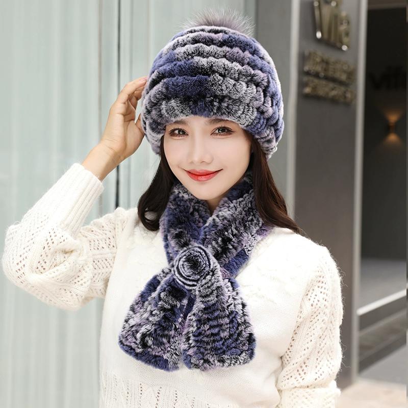 Fur Hat Female Autumn and Winter Rex Rabbit Hair Warm Ear Protection Scarf Two-piece Set Middle-aged and Elderly Grandma Casual Mother Hat