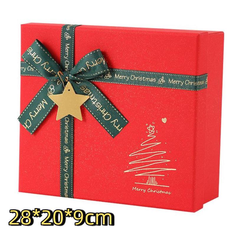Red Christmas Gift Box With Shiny Surface Green Ribbon Gold Star Ornament Ideal For Holiday Gift Wrapping