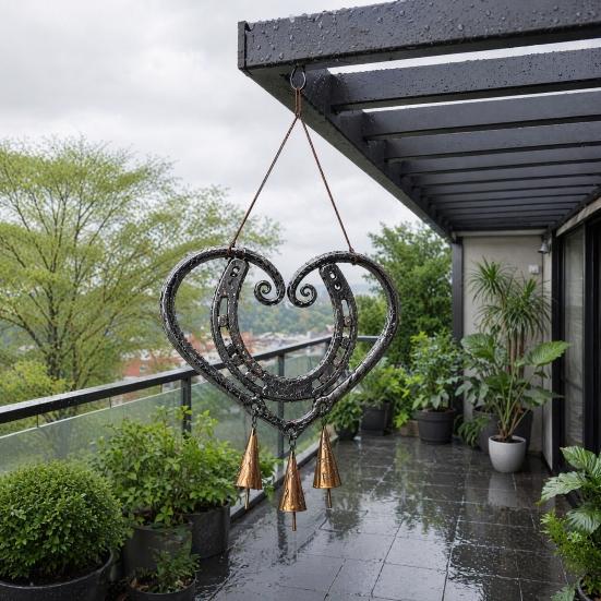 Vintage Copper Bell Pendant Metal Heart Shape Wind Chimes Pendant, Retro Distressed Love Three Bells Chime Chimes, Waterproof Rust-Proof Outdoor