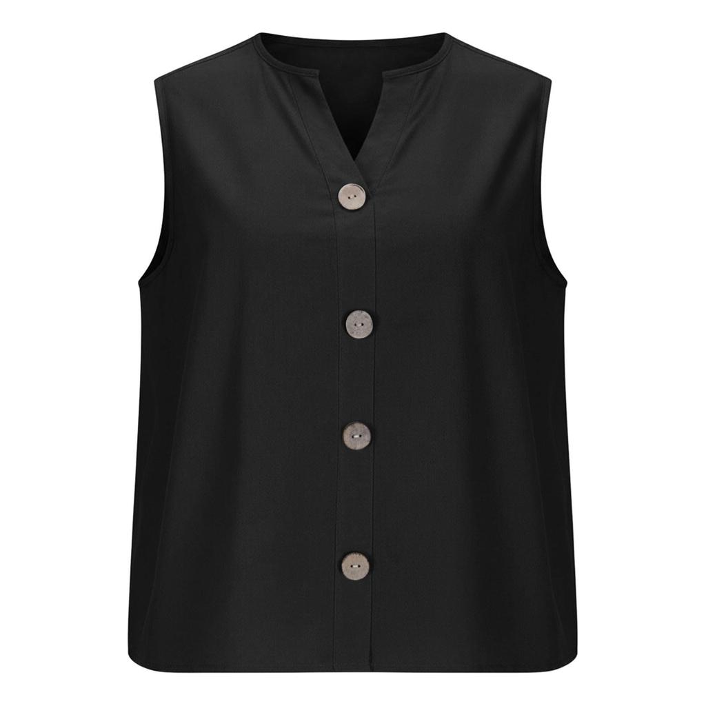 Women's Fashion Color Button Summer Loose V-neck Sleeveless Casual T-shirt Vest Top