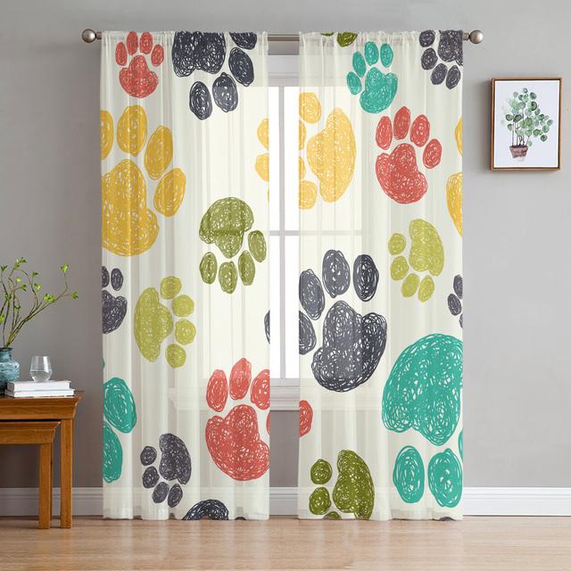 Cartoon Pet Paw Footprint Tulle Curtains For Living Room Bedroom Decoration Chiffon Sheer Voile Kitchen Window Curtain Drapes