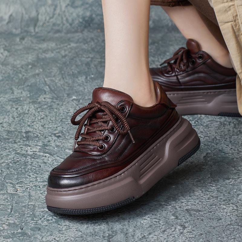 Bread soled women's shoes 2025 autumn new item cowhide British handmade lace up thick soled board shoes single shoe