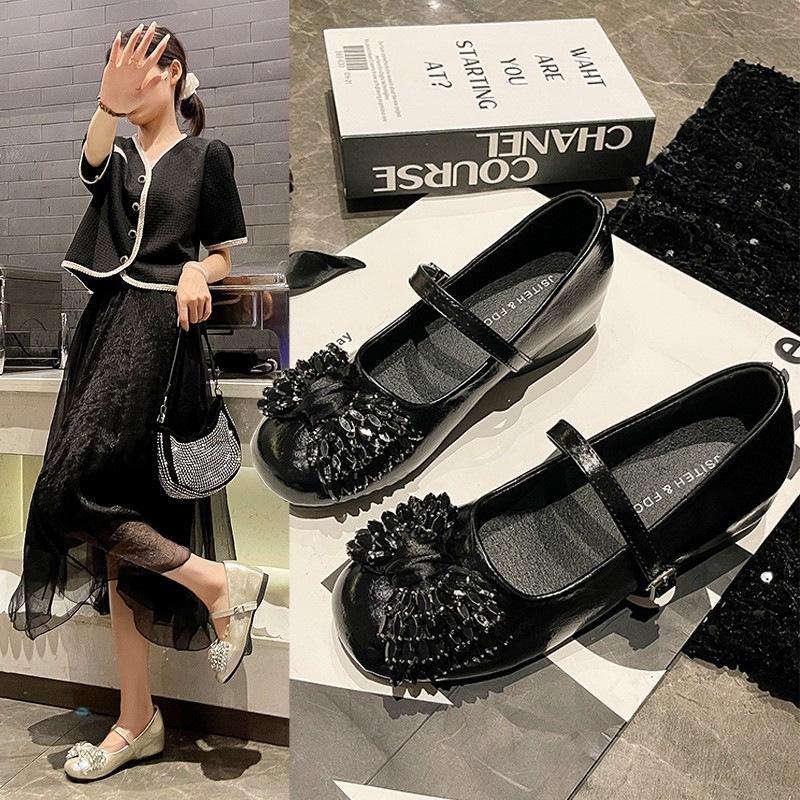 Inner Height Increase Flat Silver Rhinestone Light Mouth Single Shoes Women's New Summer Skirt Mary Jane Small Leather Shoes