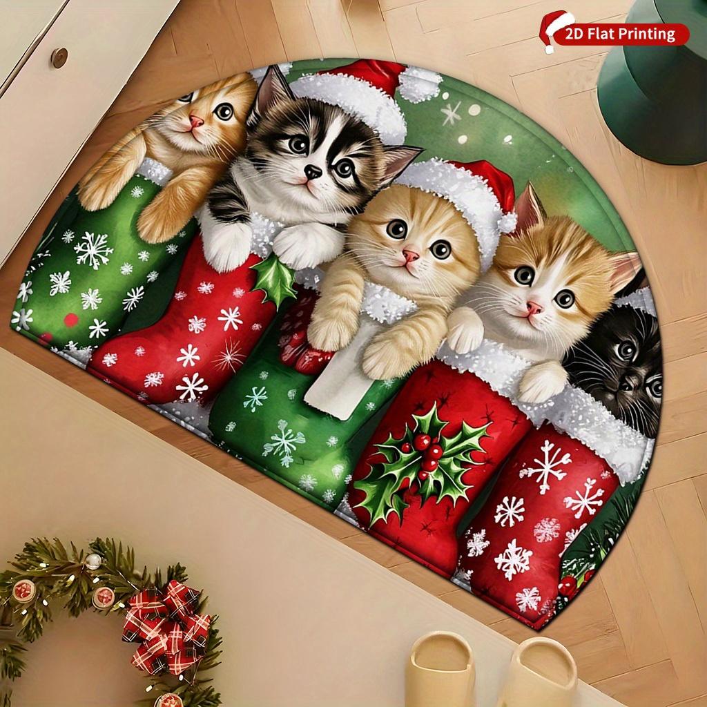 1Pcs Cute Christmas Cat Semi Circle Welcome Doormat Non-Slip for Outdoor Patio Porch Kitchen Bathroom Entryway Floor Mat