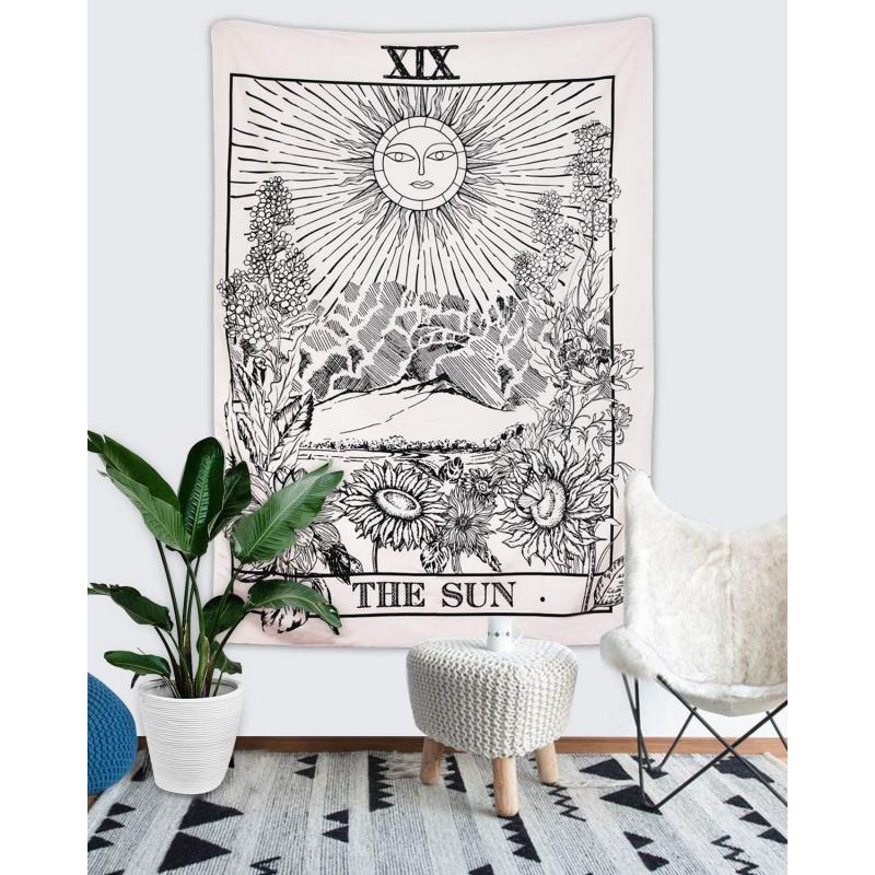 VIKAMA Sonne Tarot Wandteppich Ins-Stil Schwarz & Weiß Vintage Linienkunst Wohnzimmer & Schlafzimmer Akzentwand Dekor Heimdekoration