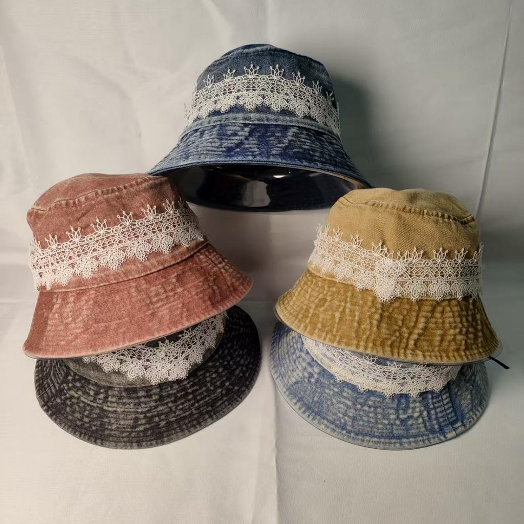 Versatile lace old washed denim bucket hat women spring and summer plain face covering face small bucket hat sunshade basin hat