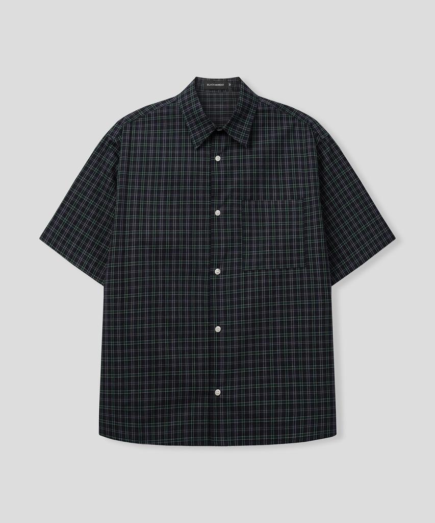 BLACK MOMENT Nerd Check Oversized Short Sleeve Shirt [Navy]