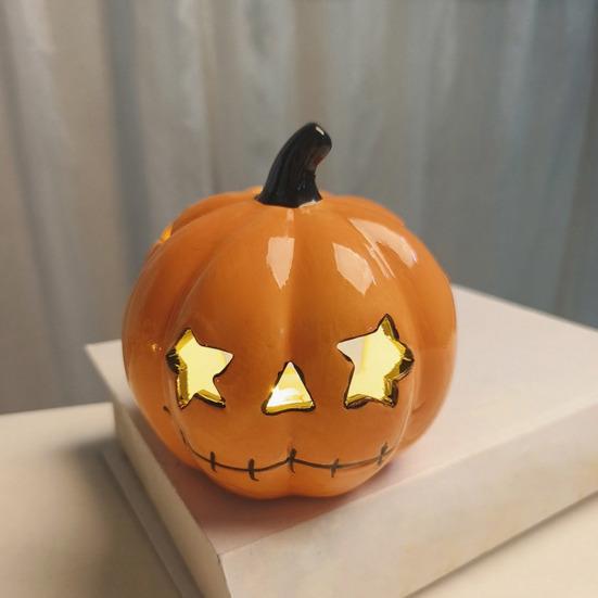 Halloween Ceramic Cat Pumpkin Figurine Carved Cat Pumpkin Tabletop Tealight Candle Holder for Indoor Home Party Decor