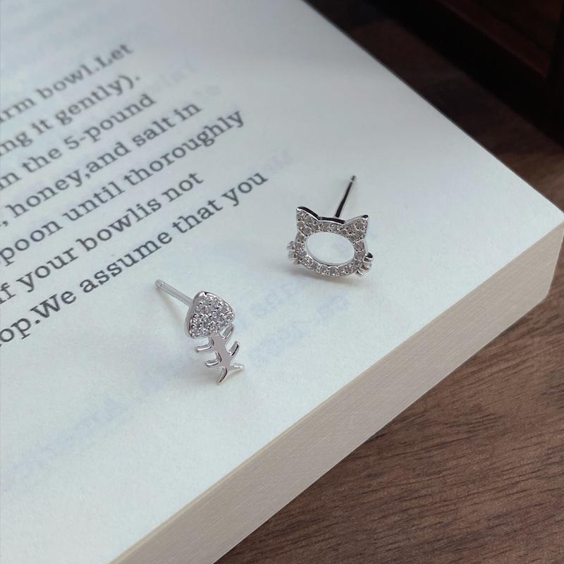 S999 Sterling Silver Asymmetrical Cat Bone Stud Earrings for Women - Cute, Small, and Exquisite Accessories for Ear Hole Care