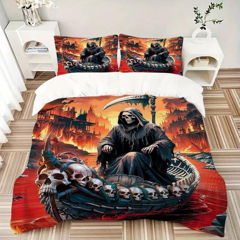 3pcs Death's Serene Journey Printed Quilt Set - Includes 1 Quilt Cover and 2 Pillowcases, Machine Washable - Suitable for All Seasons.J020