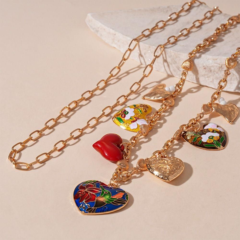 Tropfendes Öl Großes Herz Anhänger Halskette Blume Schlüsselbeinkette Doppellagige Halskette Party