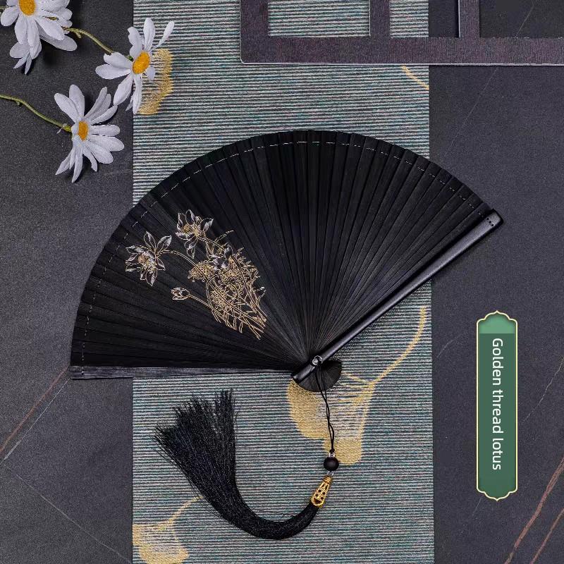 Chinese Style All-Bamboo Classical Fan for Women, Japanese-Style Ancient Classical Black Folding Fan, Bamboo Fan for Hanfu Dance, Portable and Easy